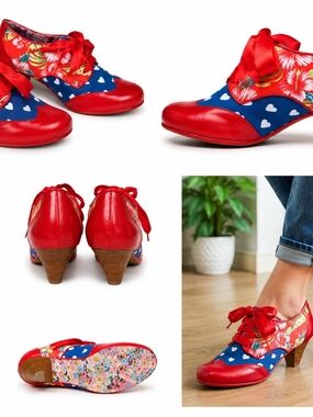Irregular Choice Red and Blue Floral Heart Lace-Up Heels